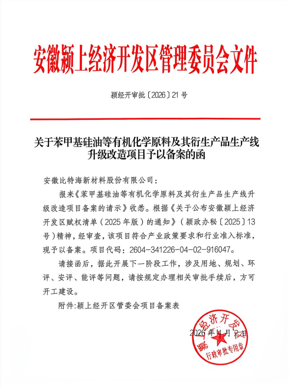 安徽比特海新材料股份有限公司关于苯甲基硅油等有机化学原料及其衍生产品生产线 升级改造项目子以备案的公告